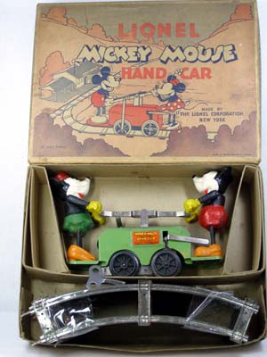 BOXED 30s Lionel GREEN "Mickey Mouse Handcar" NICE! FIRM BOX, RARE GREEN VERSION, ORIGINAL LEGS, KEY, SHINY